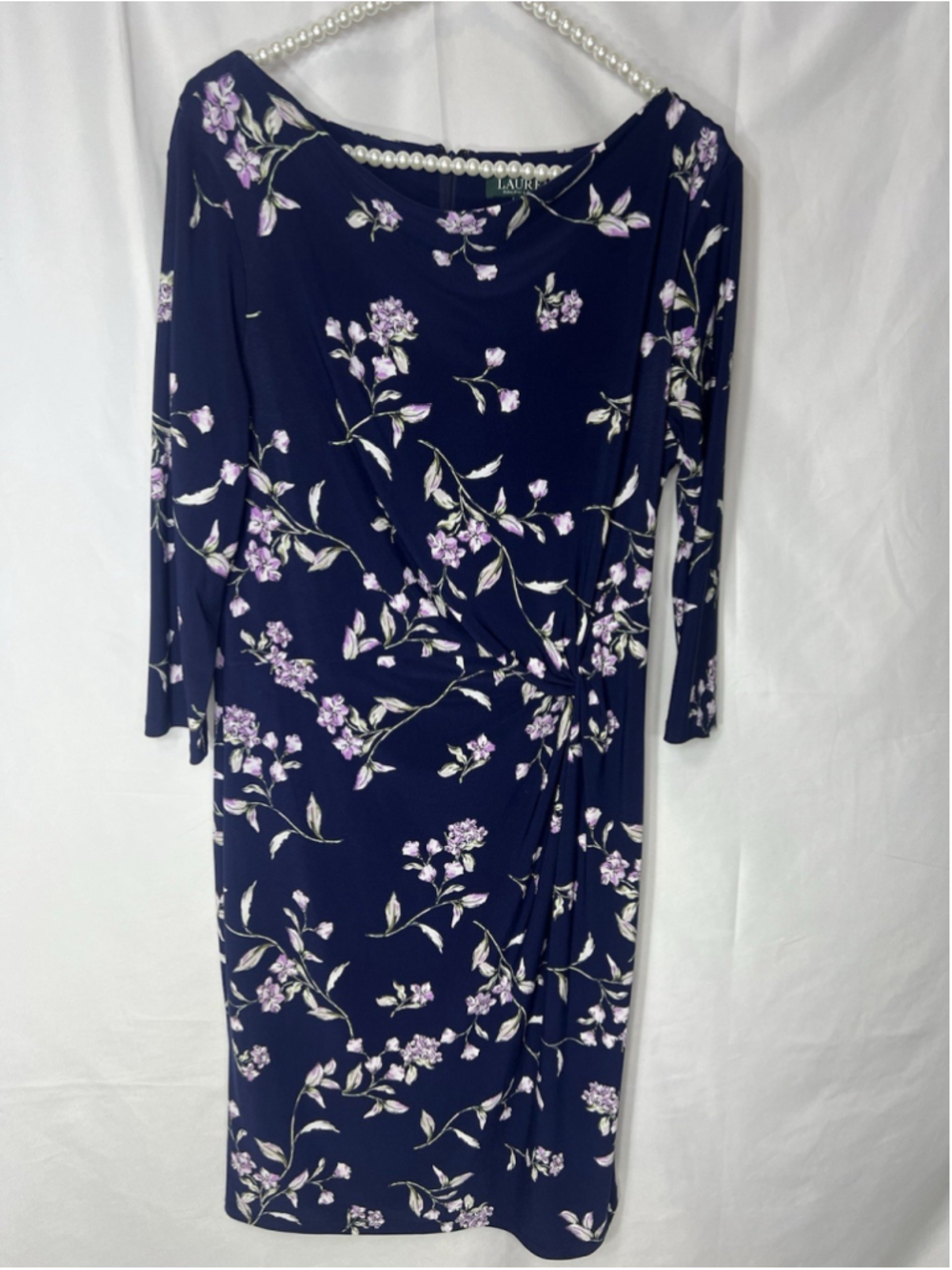 Ralph Lauren Blue Purple Floral Faux Wrap Short Sleeve Stretch Sheath Dress 12